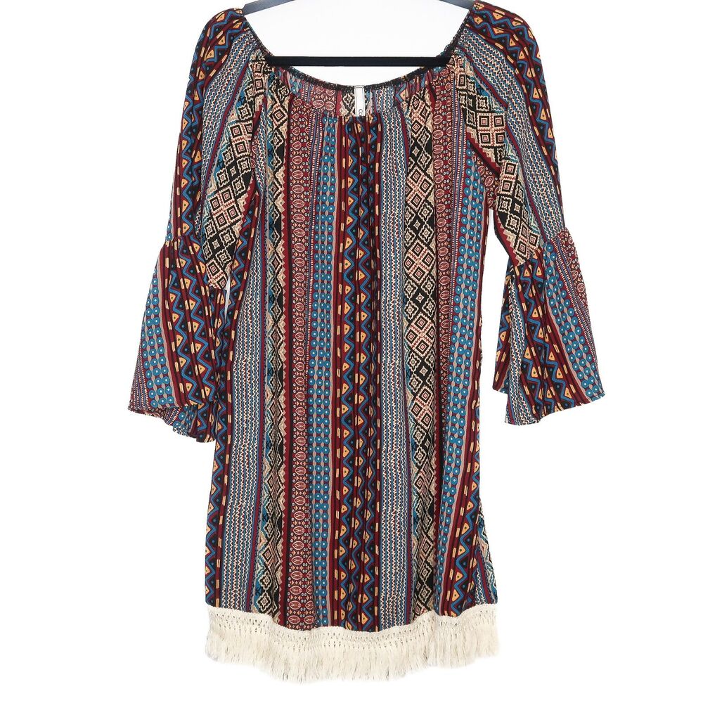 Compass Womens Long Sleeve Blouse Size Large Tribal Print Bell Sleeves